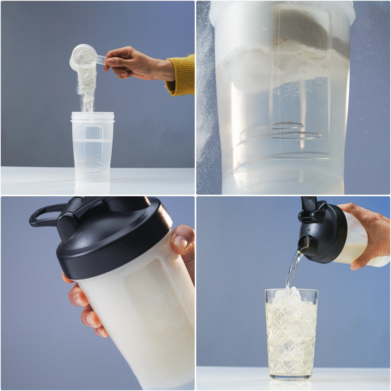 Step-by-step process of making a protein shake using a shaker bottle.